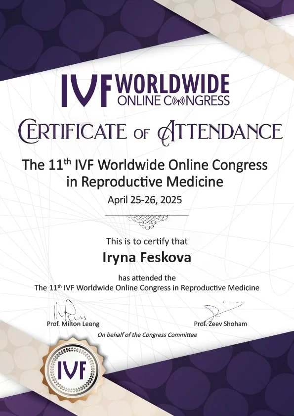 Certificat pour une participation réussie au «11e congrès mondial en ligne de la FIV en médecine reproductive» dans le domaine de la médecine reproductive, qui s'est tenu les 25 et 26 avril 2025 Certificat pour une participation réussie au «11e congrès mondial en ligne de la FIV en médecine reproductive» dans le domaine de la médecine reproductive, qui s'est tenu les 25 et 26 avril 2025