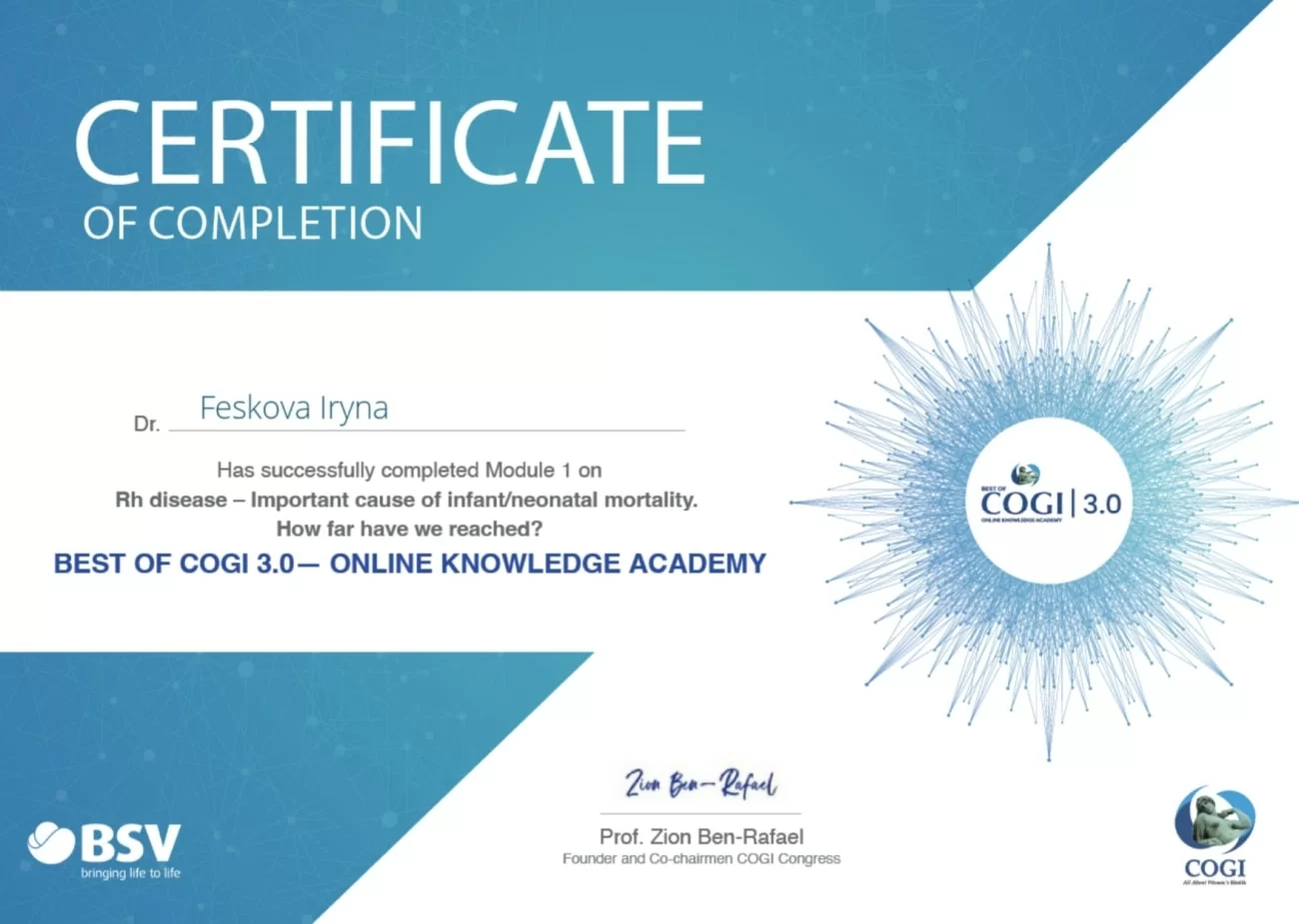 Certificat de réussite du module « Les maladies Rh du facteur Rh en tant que facteur important de la mort périnatale/infantile. Qu'avons-nous réalisé ? » Le meilleur de COGI 3.0 Certificat de réussite du module « Les maladies Rh du facteur Rh en tant que facteur important de la mort périnatale/infantile. Qu'avons-nous réalisé ? » Le meilleur de COGI 3.0