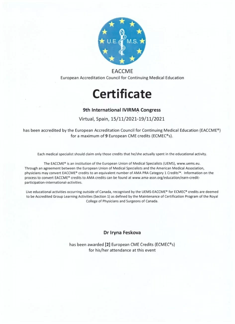 Certificat de participation au 9ème congrès international IVIRMA Certificat de participation au 9ème congrès international IVIRMA