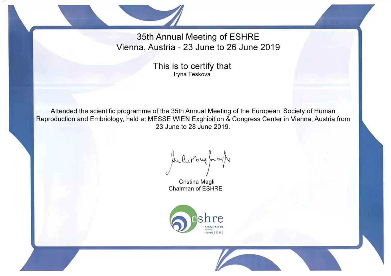 Certificat de participation à la réunion annuelle de la Société européenne de reproduction humaine et d'embryologie Certificat de participation à la réunion annuelle de la Société européenne de reproduction humaine et d'embryologie