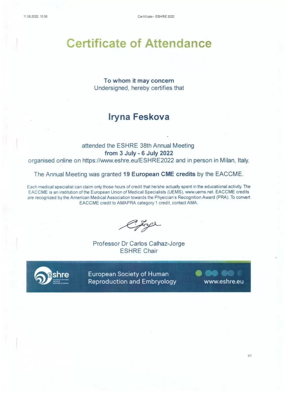 Certificat de participation à la 38ème réunion annuelle de l'ESHRE Certificat de participation à la 38ème réunion annuelle de l'ESHRE