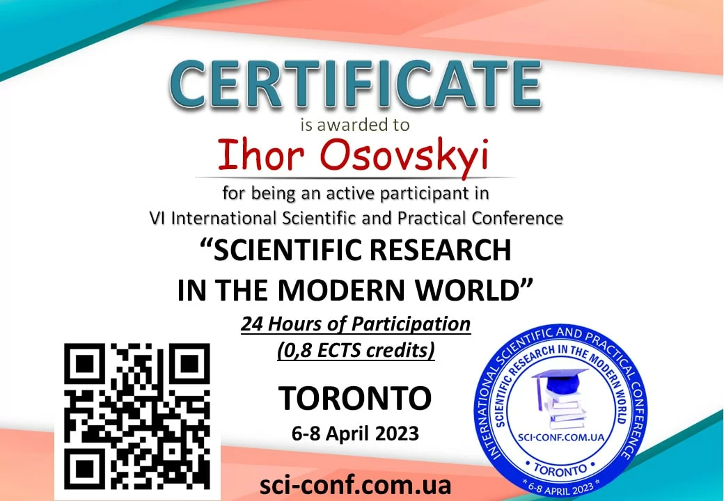 Certificat de participation à la VIe Conférence scientifique et pratique internationale “SCIENTIFIC RESEARCH IN THE MODERN WORLD” (“ LA RECHERCHE SCIENTIFIQUE DANS LE MONDE MODERNE ”), tenue du 6 au 8 avril 2023 à Toronto, Canada Certificat de participation à la VIe Conférence scientifique et pratique internationale “SCIENTIFIC RESEARCH IN THE MODERN WORLD” (“ LA RECHERCHE SCIENTIFIQUE DANS LE MONDE MODERNE ”), tenue du 6 au 8 avril 2023 à Toronto, Canada