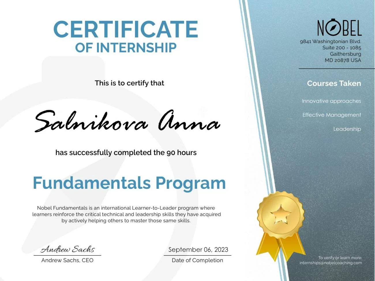 Elle a suivi une formation complète en leadership, approches innovantes et gestion efficace. Elle a reçu un certificat de participation Elle a suivi une formation complète en leadership, approches innovantes et gestion efficace. Elle a reçu un certificat de participation